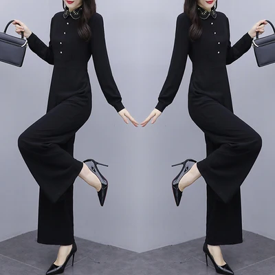 

Design Office Lady Rompers Womens Jumpsuit Black Long Sleeve Bodysuit Button Combinaison Femme Elegante One Piece Pants