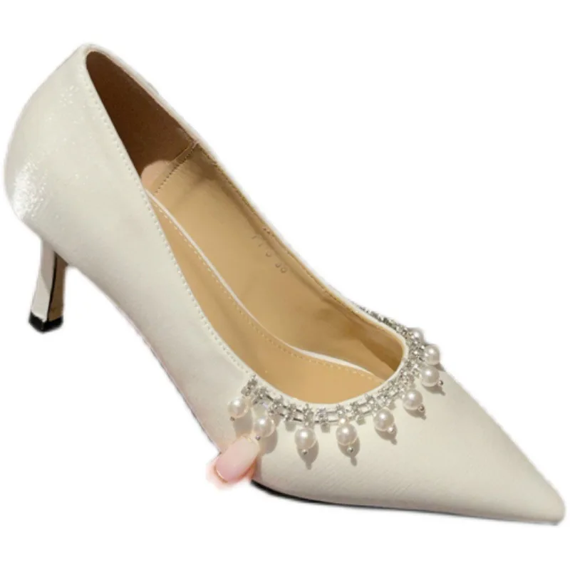 

LEOPARD LAND Fashion Pointed Toe Women's Shoes Pearl Rhinestone Shallow Mouth High Heels Red Wedding Shoes Bridesmaid Shoes CWF