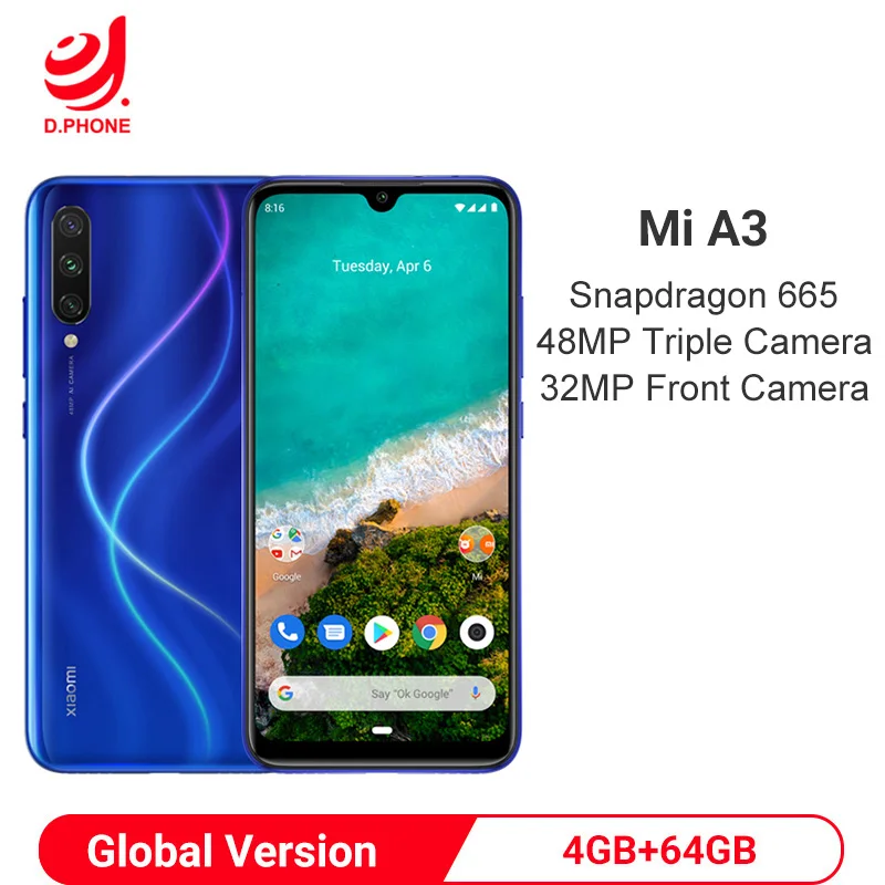 Глобальная версия Xiaomi Mi A3, 4 ГБ, 64 ГБ, Восьмиядерный процессор Snapdragon 665, тройная камера 48 МП, фронтальная камера 32 МП, смартфон 4030 мАч