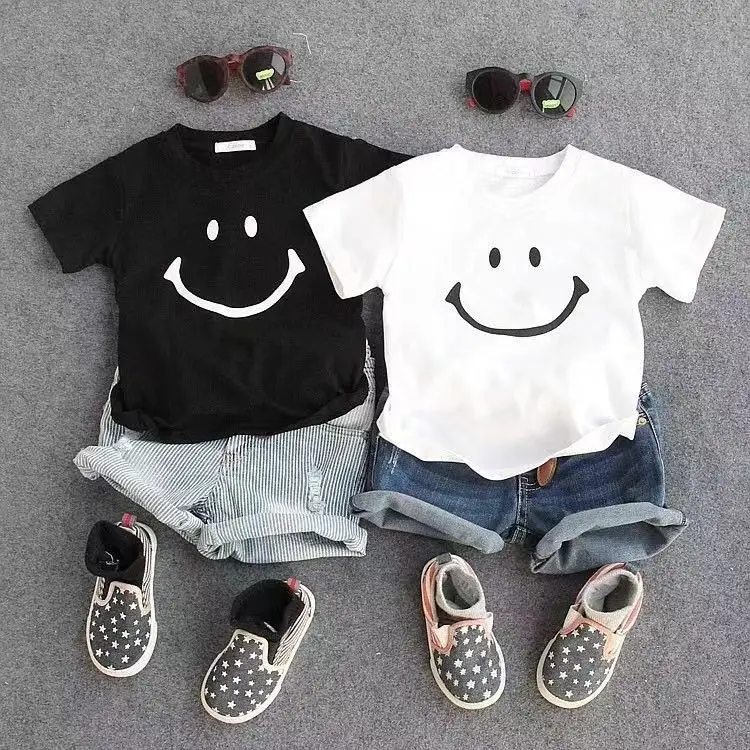 Футболка со смайликом для мальчиков и девочек Летний детский топ с короткими