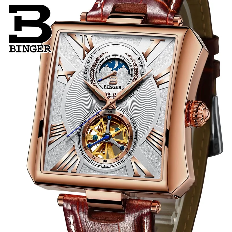 Rose gold Switzerland BINGER брендовые Роскошные Мужские часы Мужские самозаводные светящиеся водонепроницаемые автоматические механические розовое золото модные Tourbillon - Цвет: Rose gold