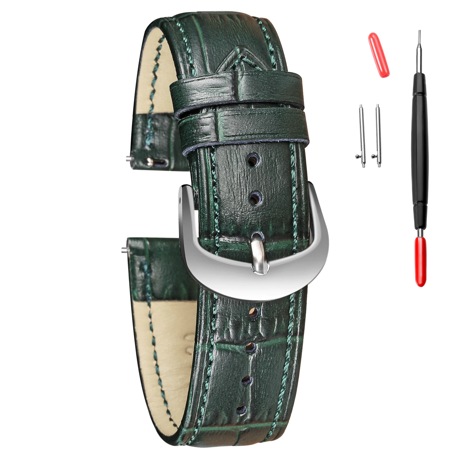 Ремешок кожаный для мужских и женских часов быстросъемный Зеленый Т образный