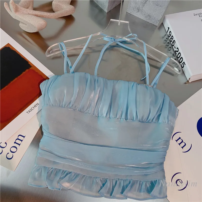2021 Summer New Korean Style Pleated Design Camisole Sexy Wooden Ear Short Strap Halter Top