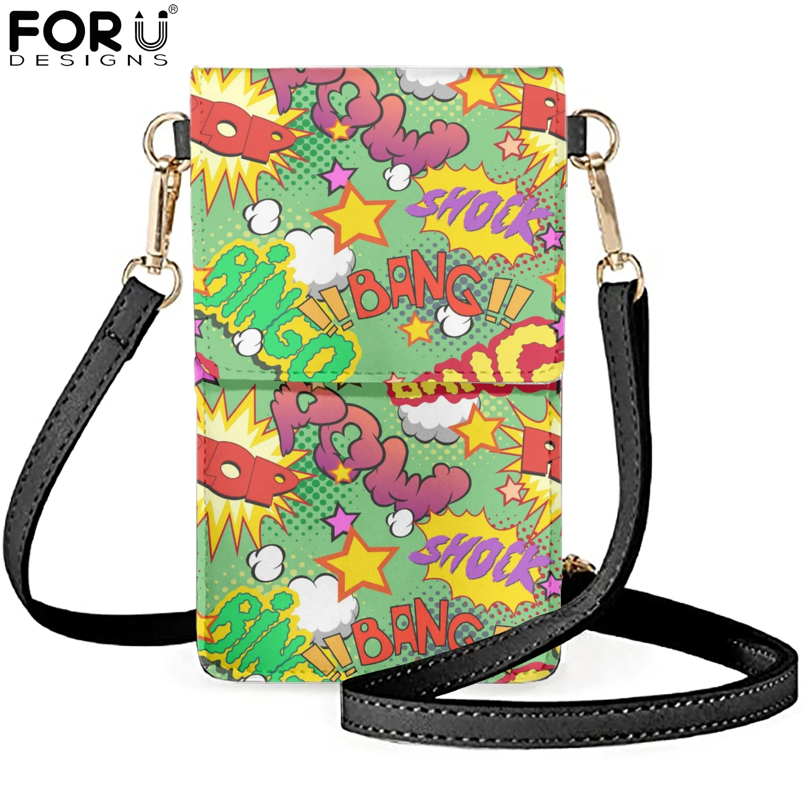 

FORUDESIGNS Comic Doodle Boom 3D Print Mobile Phone Pocket for Ladies Fashion Leather Ladies Mobile Phone Bags Mini Phone Pouch