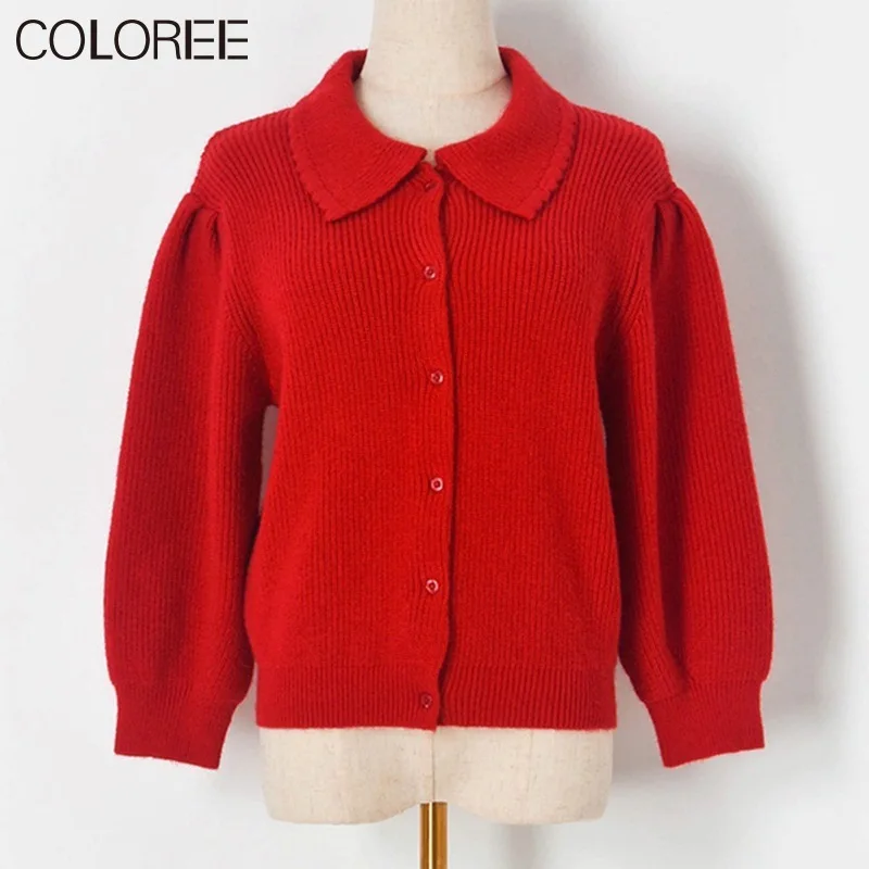 

Женский вязаный свитер с рукавами-фонариками, красный повседневный теплый свитер на осень и зиму, 2021