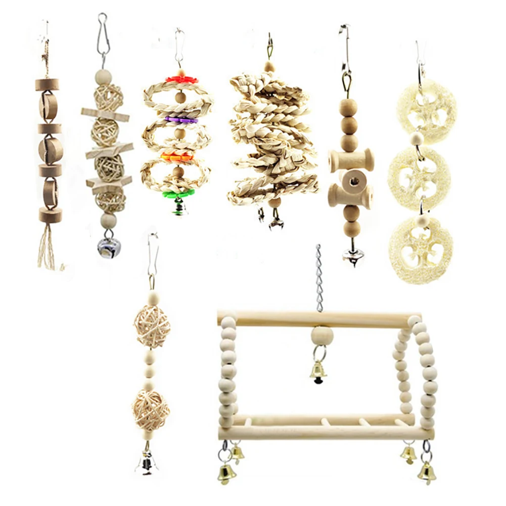8pcs Wooden Swing Chewing Parrot Budgie Cage Hanging Training Home Funny Accessories Bird Toy Set Cockatiels Primary Color | Дом и сад