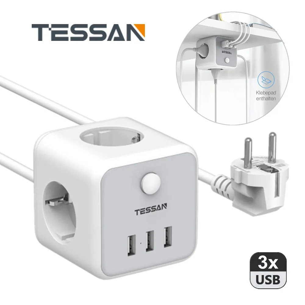 

TESSAN Multi Sockets Power Strip EU Plug with 3 AC Outlets 3 USB Ports 5V/2.4A Overload Protector Switch 1.5M/5ft Extension Cord