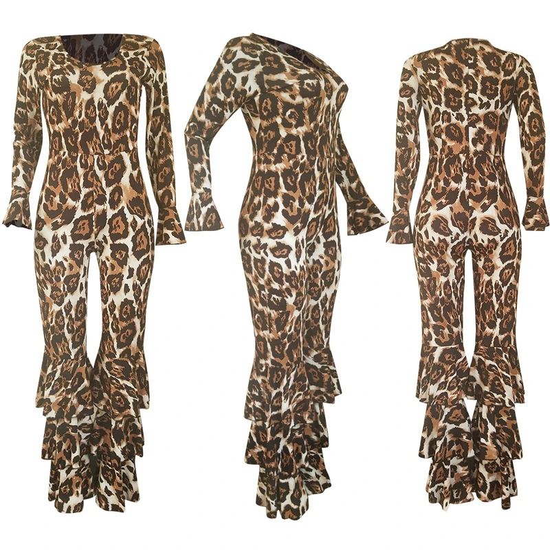 

Leopard Print Sexy Jumpsuit Women 2020 Long Sleeve Flare Pant Bodycon Romper Jumpsuit Elegant Party Club Fall Autumn Jumpsuits