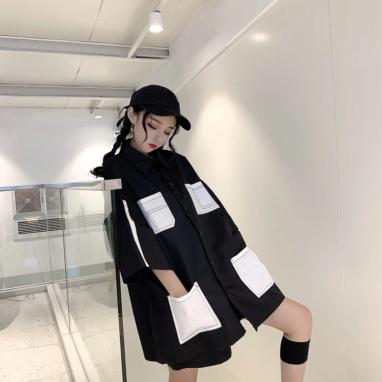 

Safari style pockets turn-down collar patchwork loose shirts Women's Clothing high quality new summer fashion brand ladies tops