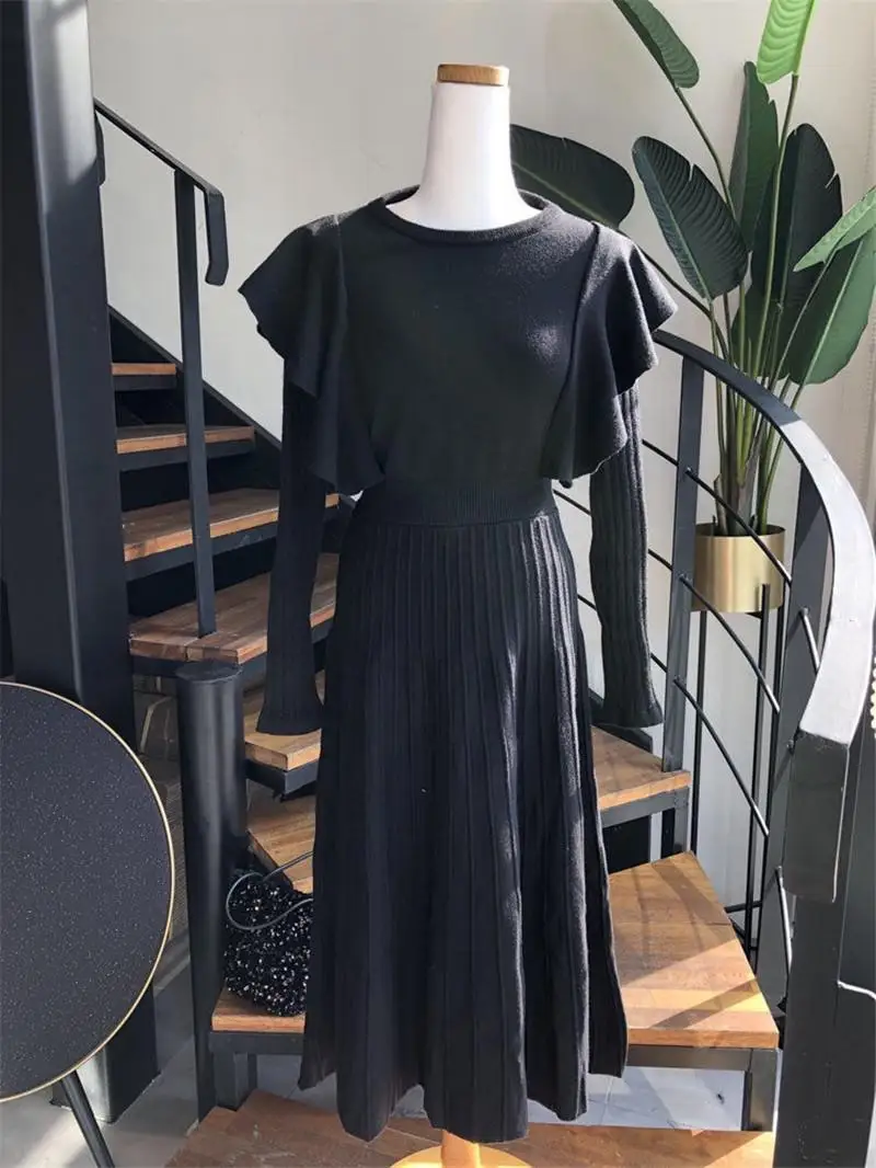 

Atumn Winter Knitted Dress Women Elegant Ruffle Sweater Dresses Korean Style Ladies Silm Black Pollver Dress Fashion 2020