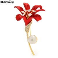 wulibaby new soft enamel lily flower brooches for women popular cubic zirconia flower top quality brooch pin gifts