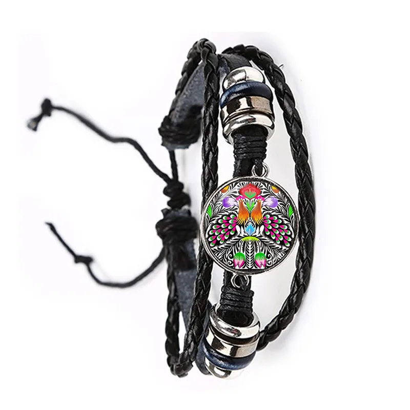 Ethnic Polish Folk Art Pattern Glass Cabochon Leather Bracelet Bohemia Fashion Flower Print Round Jewelry Bangle For Women Men |
