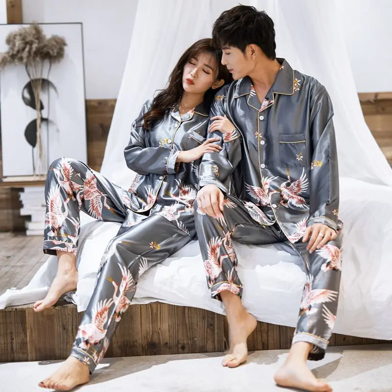 CAIYIER 2020 Winter Couple Pajamas Set Silk Loves Print Long Sleeve Sleepwear Men & Women Casual Big Size Lovers Nightwear M-5XL