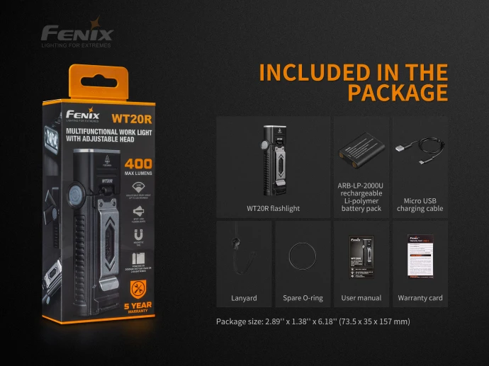 Фонарик FENIX WT20R 400 люмен, регулируемый угол светового луча на 105°, зарядка через micro USB, в комплекте аккумуляторная батарея на 2000 мАч.