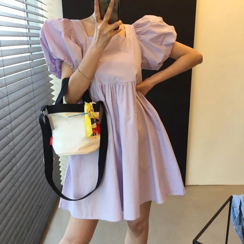 

Korejpaa Women Dress 2021 Summer Korean Chic Cut-back Gentle Square Collar Solid Color Loose Casual Bubble Sleeve Short Vestido