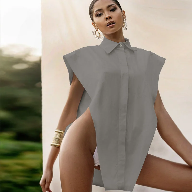 

RStylish Summer 2021 New Women Sexy Lapel Buttons Shirts Vests Tops Solid Color Slim Chic Sleeveless Cover Blouses Ladies Shirt