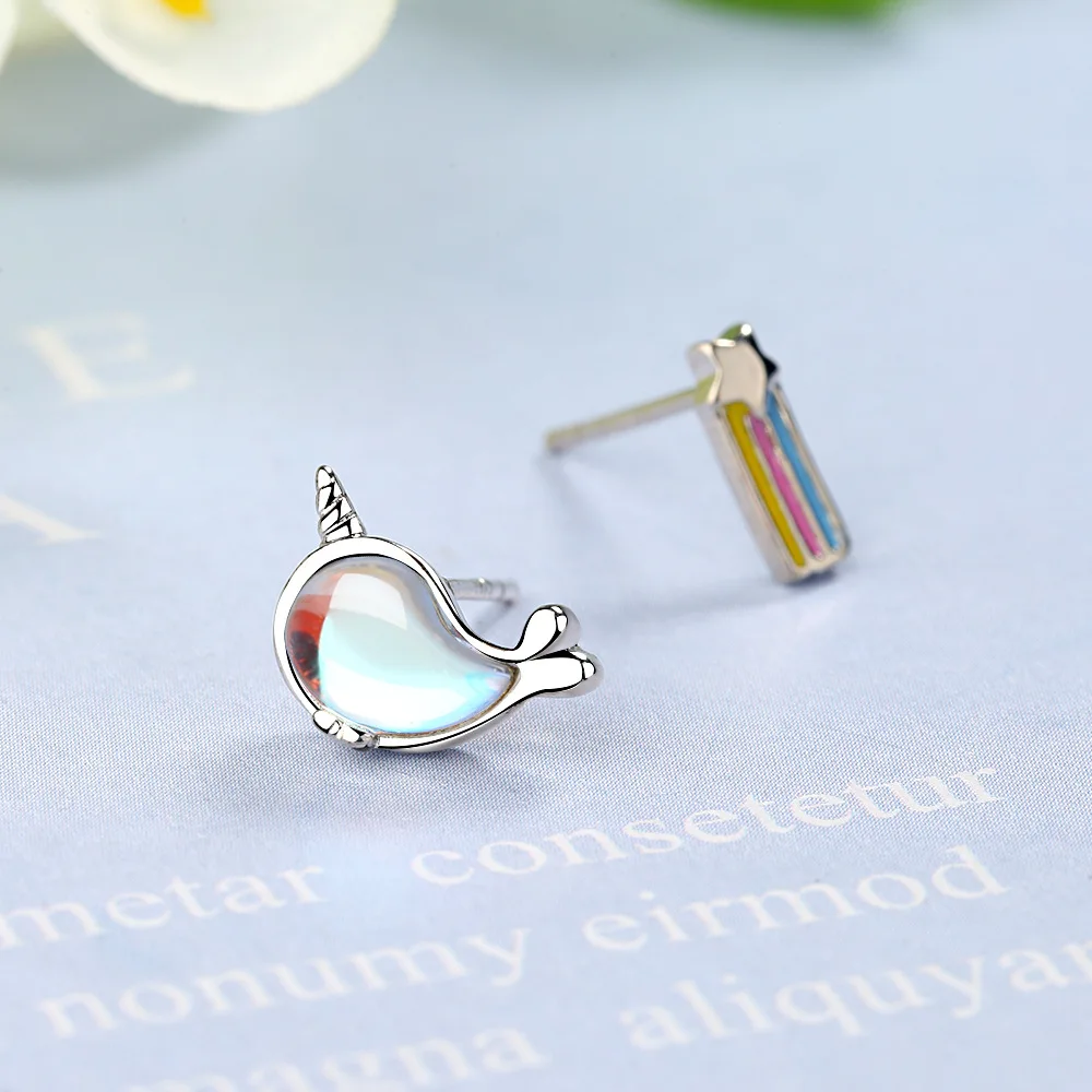 

925 Sterling Silver Asymmetric Rainbow Unicorn Stud Earrings For Women Kids Wedding Gift Female pendientes