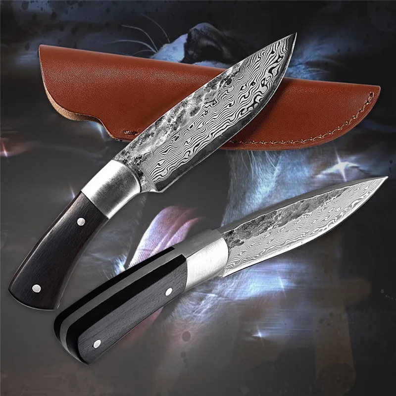 Охотничий нож с фиксированным лезвием дамасский лазерный узор для выживания на
