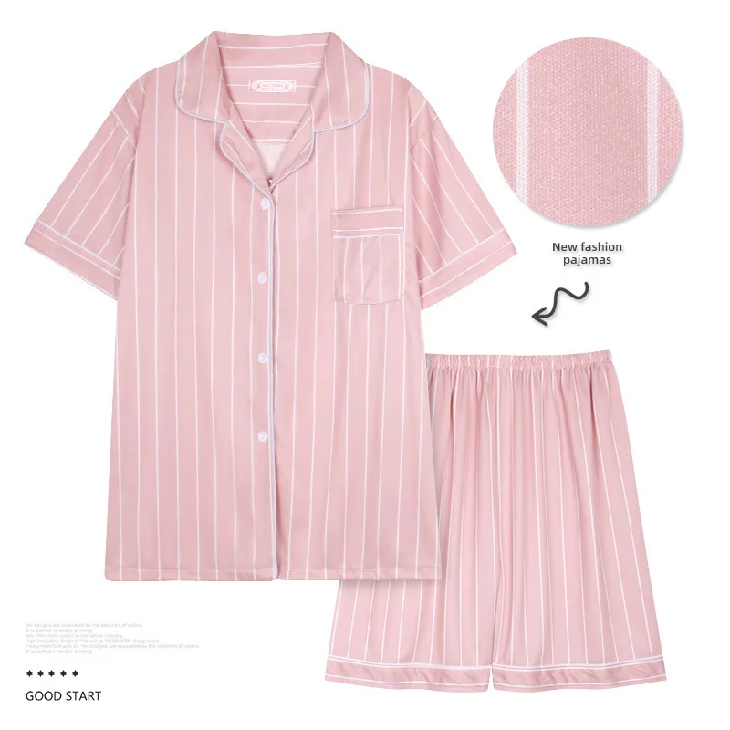 

Summer Simple Pink Turn-down Collar Stripe Women Pajamas Sets Elegant Korean Short Sleeve Leisure Loose Girl Homewear Sleepwear