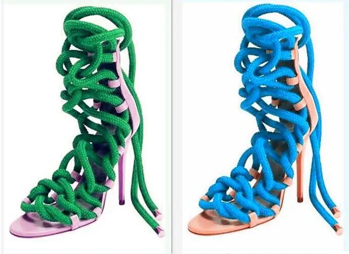 

Sexy Gold Rope Gladiator Sandals Design Strap Cross Lace-up High Heeled Women Sandals Fashion Dress Shoes Plus Size 10