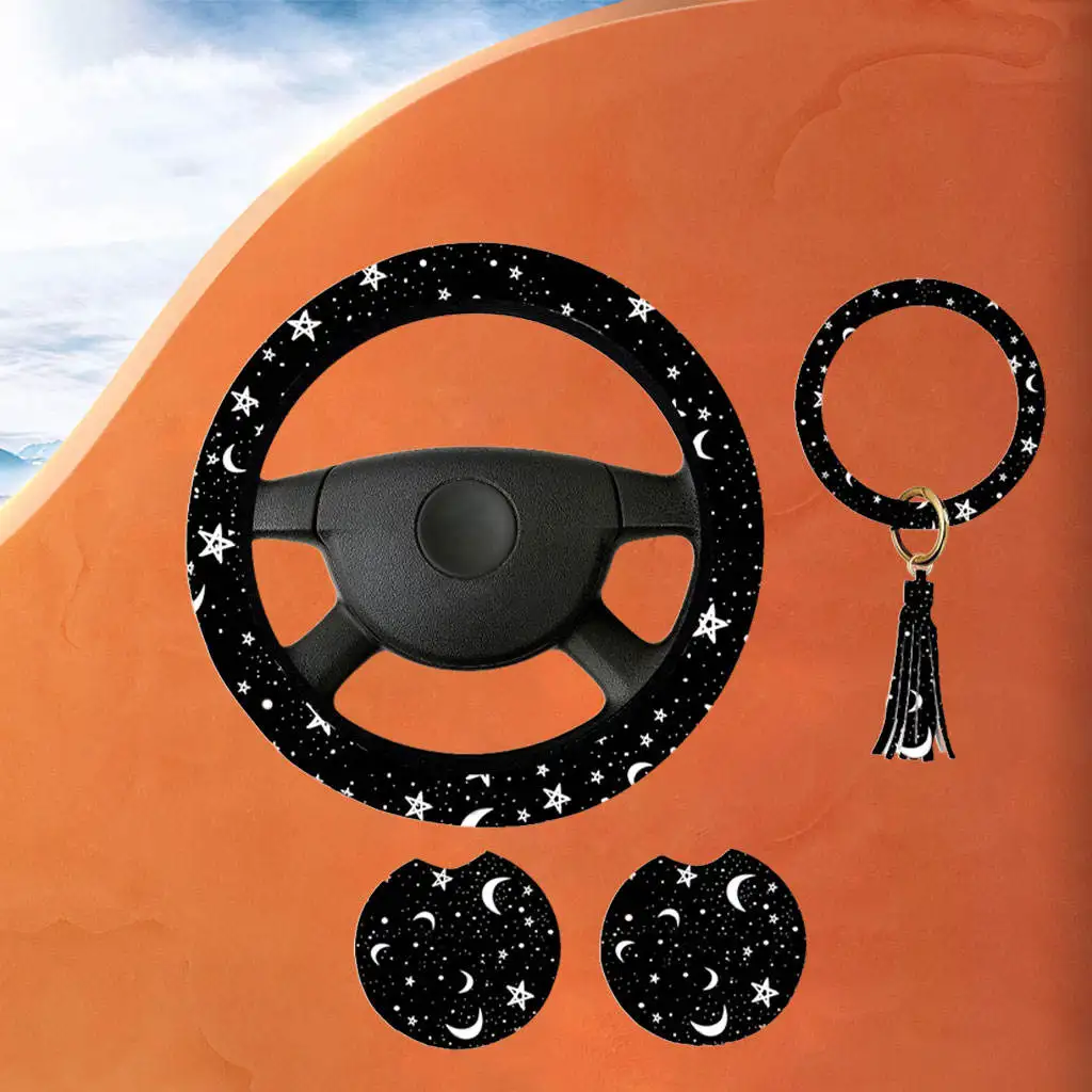 

Car Steering Wheel Cover Black Moons White Stars Auto Protector Accessories