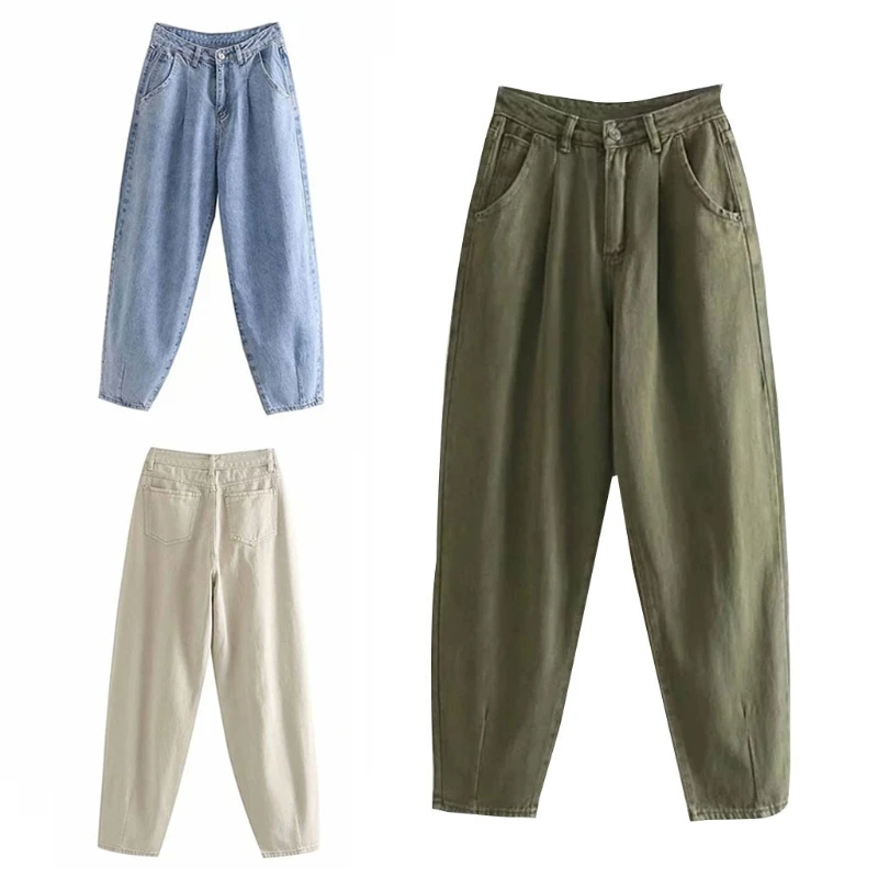 

Women Pleated Jeans High Waisted Boyfriend Cropped Denim Haren Pants Solid Color Casual Loose Trousers with Pockets