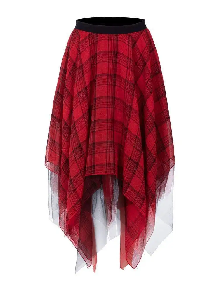 Панк Rave женские Асимметричный Подол кружева Overlaide плед Юбки PQ 744BQ Азиатский