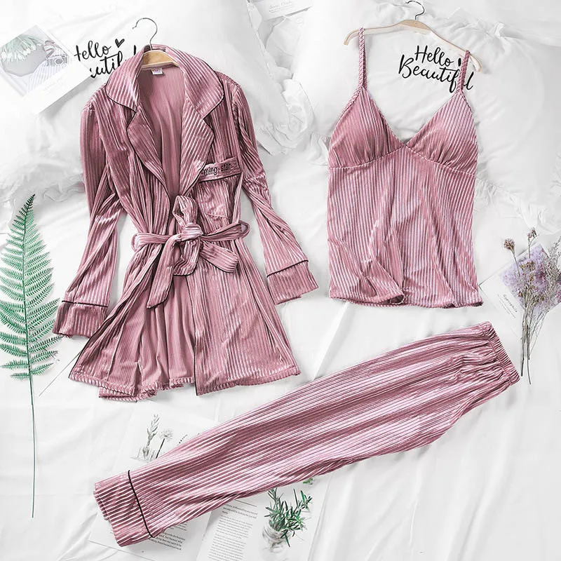 Pink Женские пижамы, модные пижамные комплекты, золотой бархат, 3 штуки, свободные пижамы большого размера с длинным рукавом, сексуальная теплая зимняя домашняя одежда - Цвет: Pink