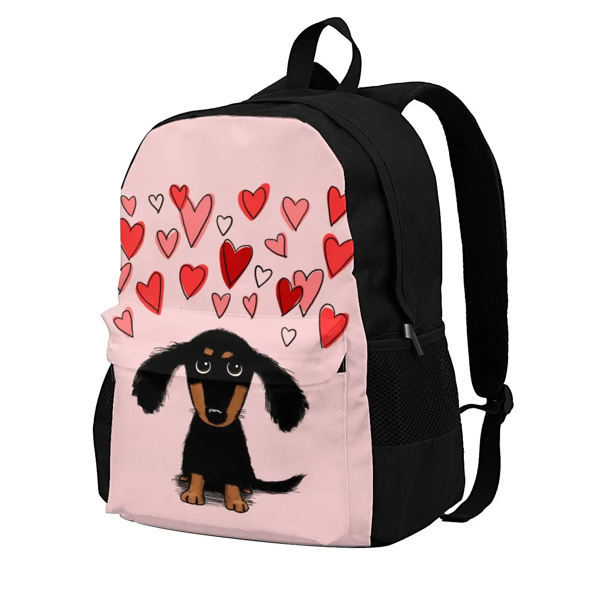 

Cute Dachshund Puppy Dog With Valentine Hearts Backpacks Pet Lover Running Runner Print Backpack Funny Polyester Bags
