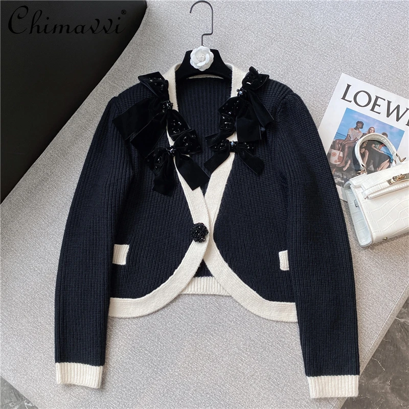 

2021 Autumn and Winter New Korean Fashion Sweet Bow Contrast Color V-neck Knitted Cardigan Long Sleeve Elegant Sweater Coat