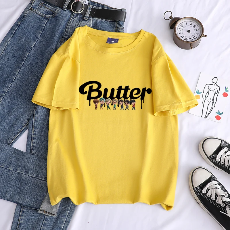 Camiseta de verano para mujer, camisa con estampado gráfico de Bangtan, Kpop, butter chibi, letras coreanas, moda urbana Harajuku, Tops de algodón