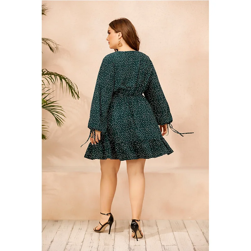 

Plus Size Women Dress Elegant Polka Dot Dress 2021 Spring Fashion Long Sleeve Pleated Dress V Neck Casual Vestidos De Mujer