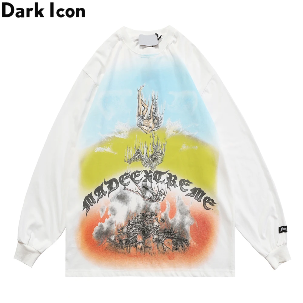 

Dark Icon Skeleton Printed Oversized Men's T-shirt Autumn Spring Street Fashion Tshirts Man Streetwear Clothing