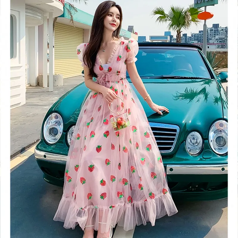 

2020 New arrive Strawberry A-Line V-Neck Ankle-Length Short Sleeves Dress