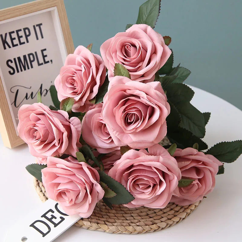 

Silk Artificial Flower Bouquet High Quality for Home Bedroom Decoration Wedding Vase Shops Decorative Fake Rose Flores10 Heads