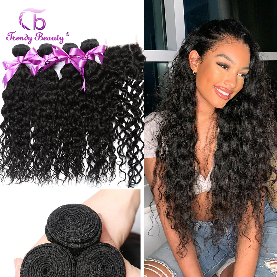 

Brazilian Water Wave 4 Bundles With 5x5 Lace Closure Remy Human Hair Weaves Can Be Dyed 5pcs Water Wave Bundles With Closure