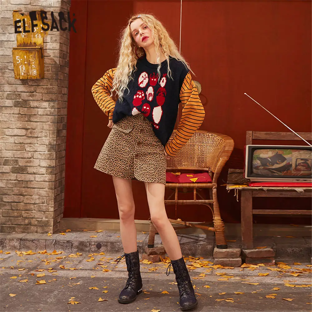 ELFSACK Black Graphic Print Knit Pullover Women Sweater Vest 2020 Spring Navy Blue V Neck Sleeveless Casual Ladies Daily Top | Женская
