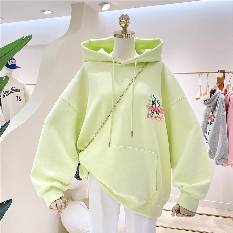 

Winter Fall Women Loose Printing Basic Hoodies Pullovers Long Sleeve Solid Cotton Casual Oversized Sweatshirt with Hoode