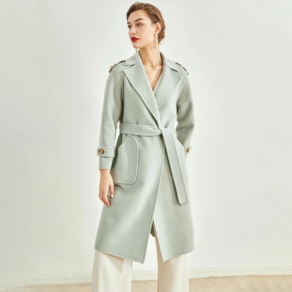 

Double-Faced Wool Coat Women Solid Color Notched Collar Lace Up Woolen Outerwear Fashion Temperament Loose Straight Overcoat