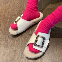 eoeodoit women faux fur leather slippers open toe buckle sandals autumn winter house shoes outdoor both match flat heel open toe