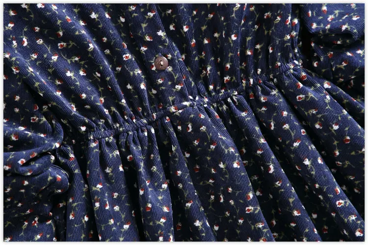 

2020 Autumn Women New Literary Retro Print Dress Mori Girl Waist Slimming Corduroy Dress Fashion High Quality Dress Women