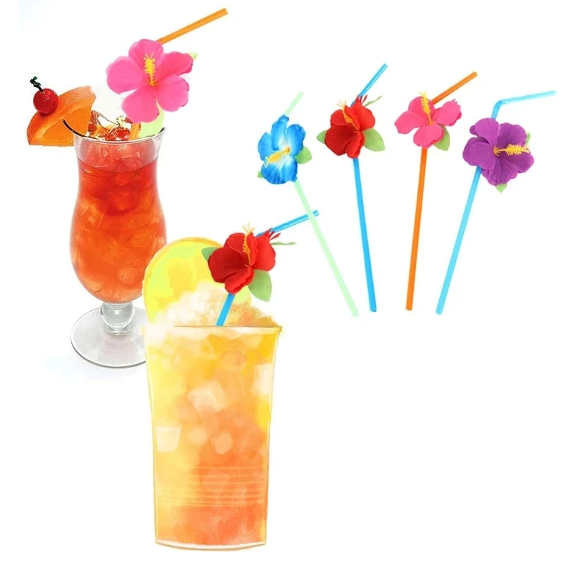 

6PCS Hawaii Party Hibiscus Flower Drinking Straws Cocktail Juice Summer Beach Themed Birthday Wedding Party Decoration Supplies