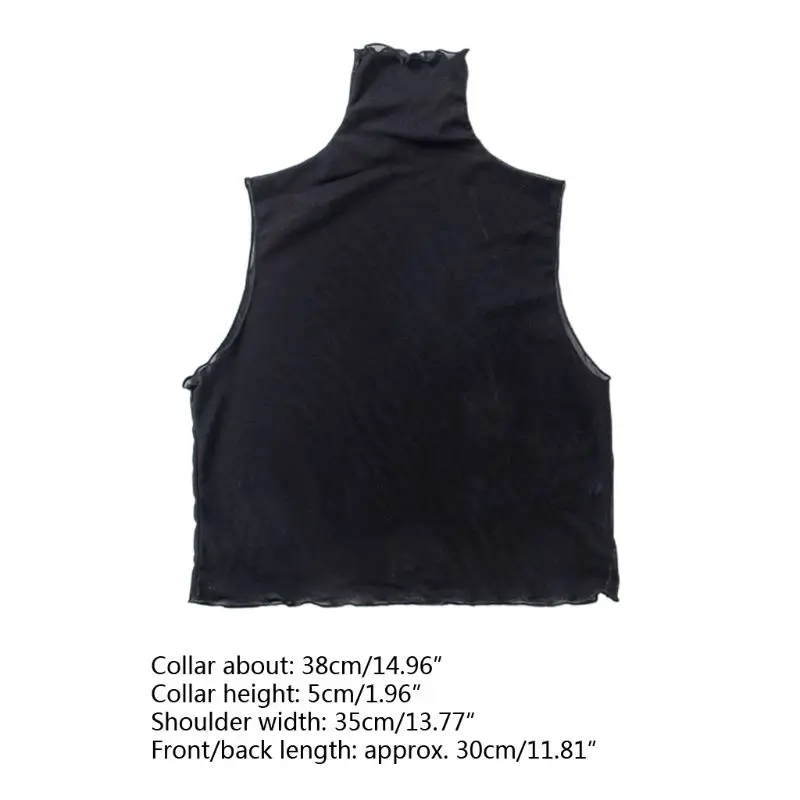 Women Autumn Ruffles Turtleneck Mesh Fake Collar Semi Sheer Vest Style Crop Top Solid Color Bottoming Shirt Half Blouse |