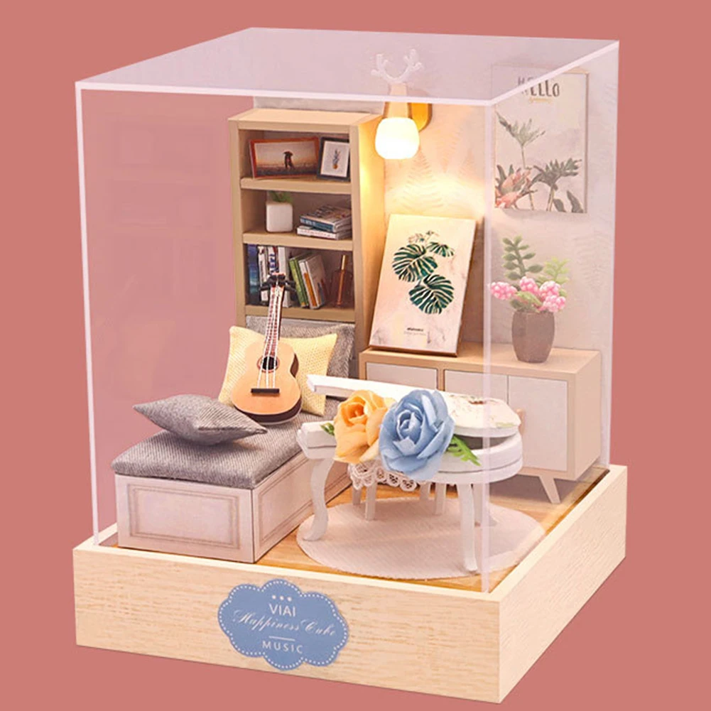 

Деревянный домик «сделай сам», миниатюрный комплект мебели, модель для кукольного домика со светодиодной подсветкой, ручная работа, изыска...