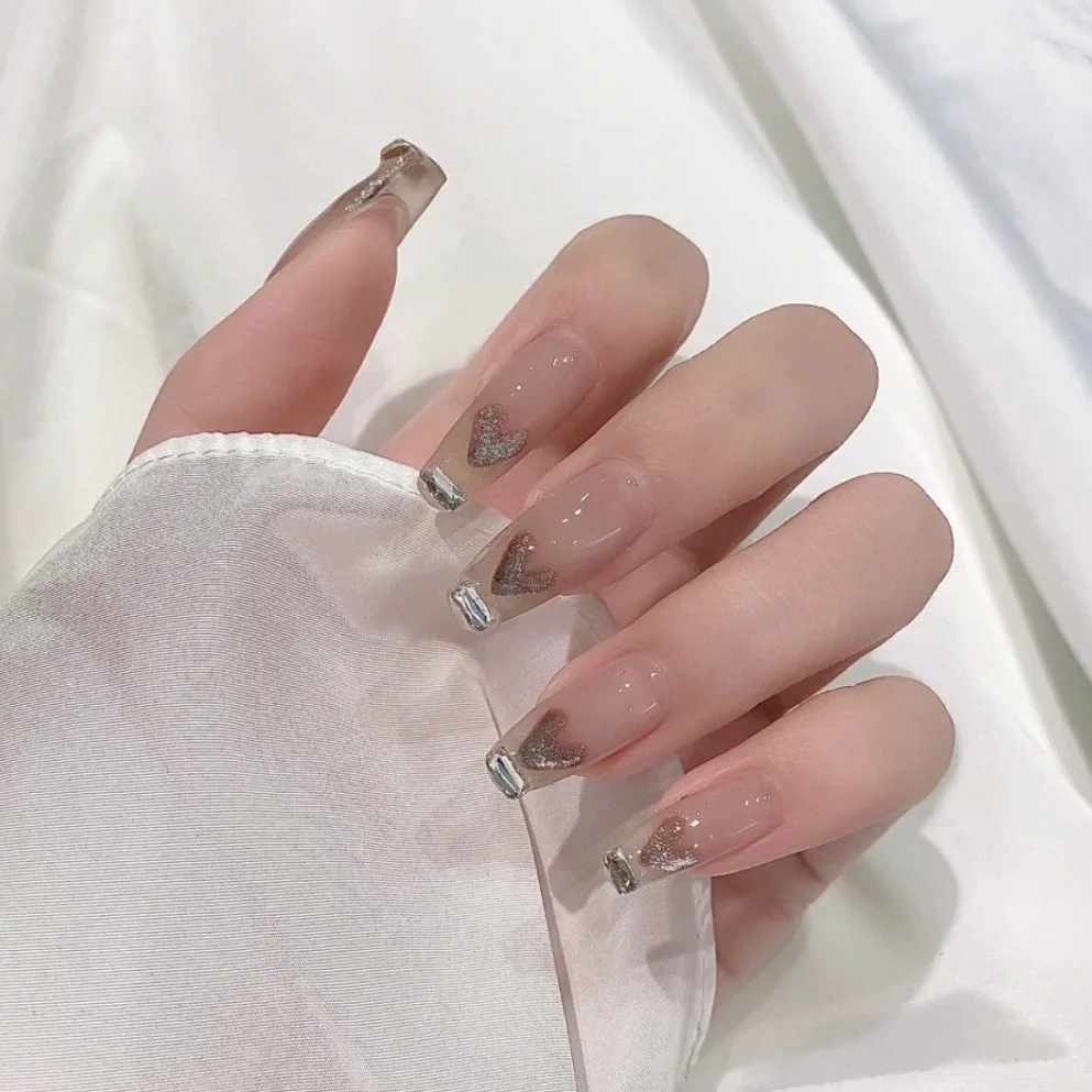 

24pcs Love Heart Printed Nail Patch Glue Type Removable Long Paragraph Fashion Manicure Save Time False Nail Patch TO