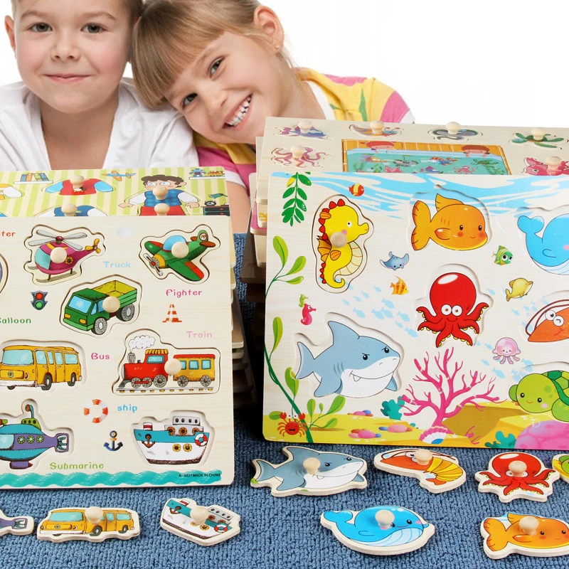 

Монтессори Деревянные Пазлы ручной захват доски Игрушки Tangram Пазлы детские образовательные игрушки мультфильм автомобиль животные 3D Пазлы...