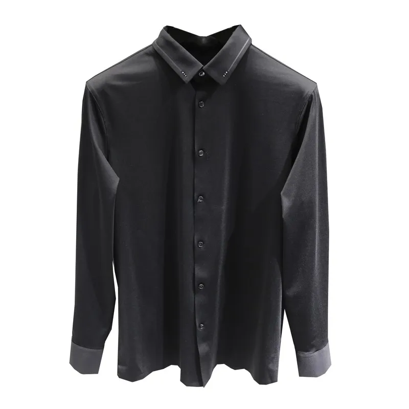 

Korean Style Smart Casual Mens Slim Stretch Long Sleeve Shirt Turn-Down Collar Single Breasted Rivet Design Vintage Black Blouse