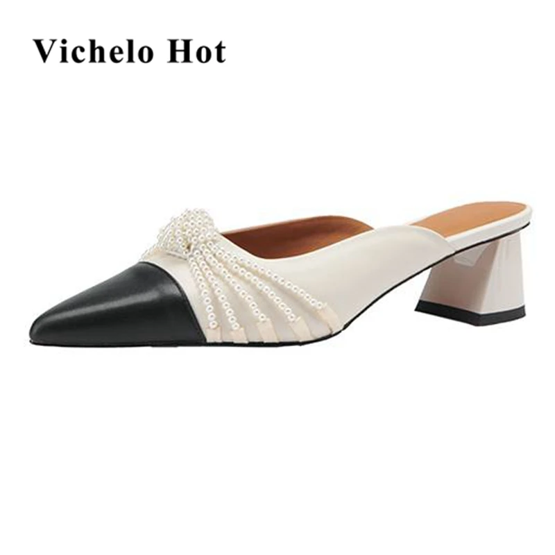 

Vichelo Hot mules cow leather med heels mixed color beading European designer slip on summer2021 pearl-studded women sandals L18