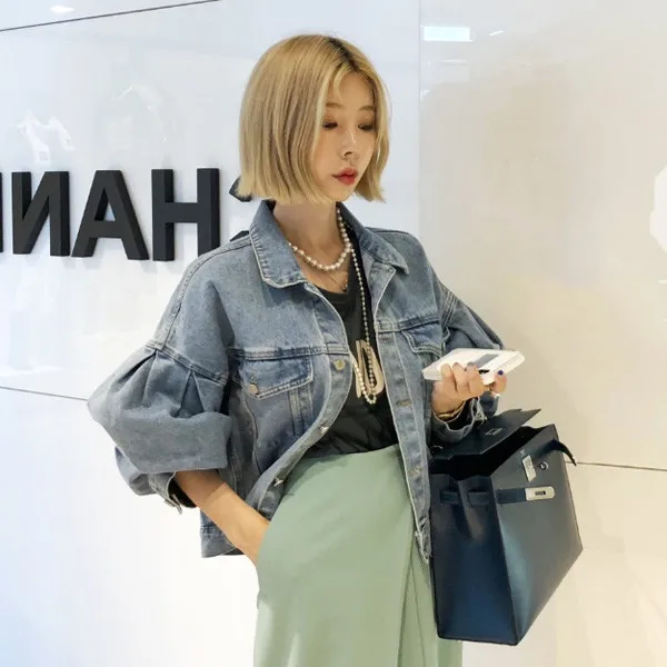 

Fashion women's retro washed pleated puff sleeves loose denim short coat