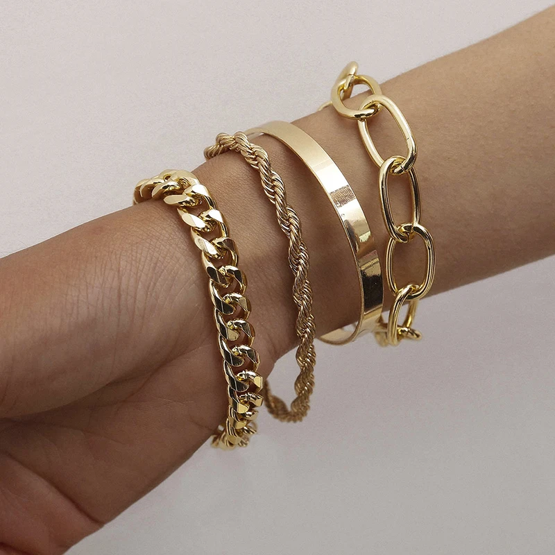 

4Pcs Punk Heavy Metal Big Thick Chain Bracelet Set Women Retro Geometric Metal Twist Chain Bangles Bracelet Fashion Jewelry